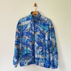 Vintage 80s 90s GTI 100% silk blue dolphin all over print jacket full zip size M